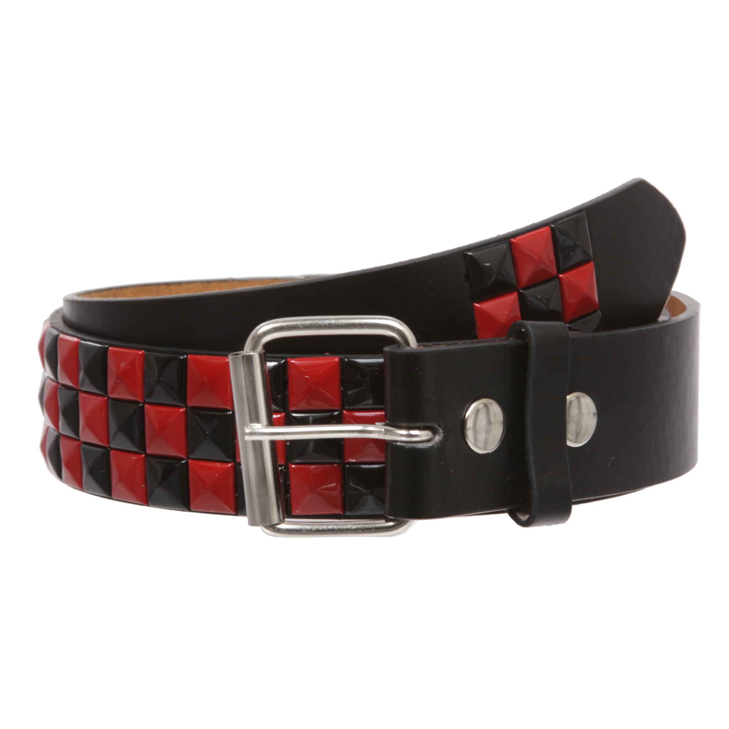 Snap On Punk Rock Star Pyramid Studded Checker Board Leather Belt, Red | m 34