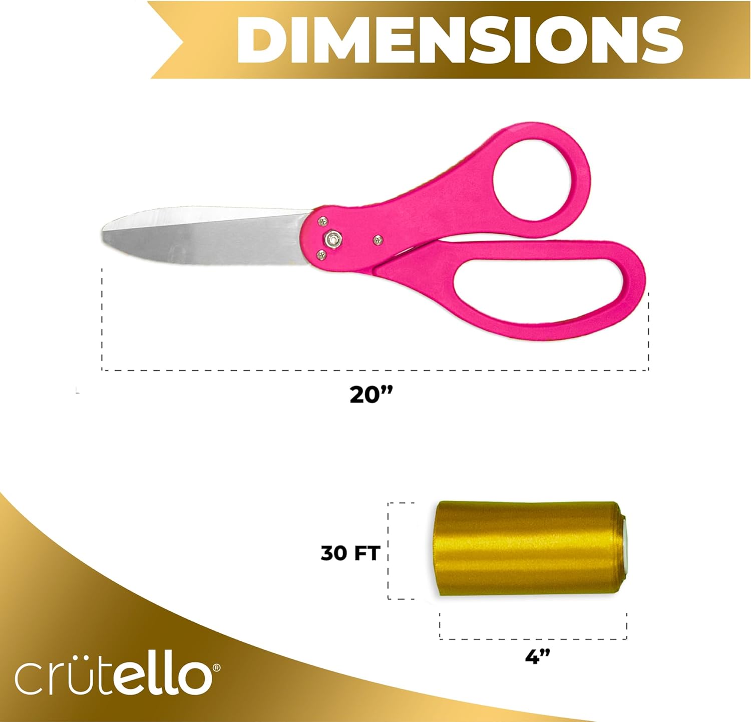 Crutello Giant Ribbon Cutting Ceremony Kit - 20"Large Scissors Set with Pink Handle, Durable Big Scissor and 30 Feet of Oversized 4"Wide Gold Grand Opening Ribbon