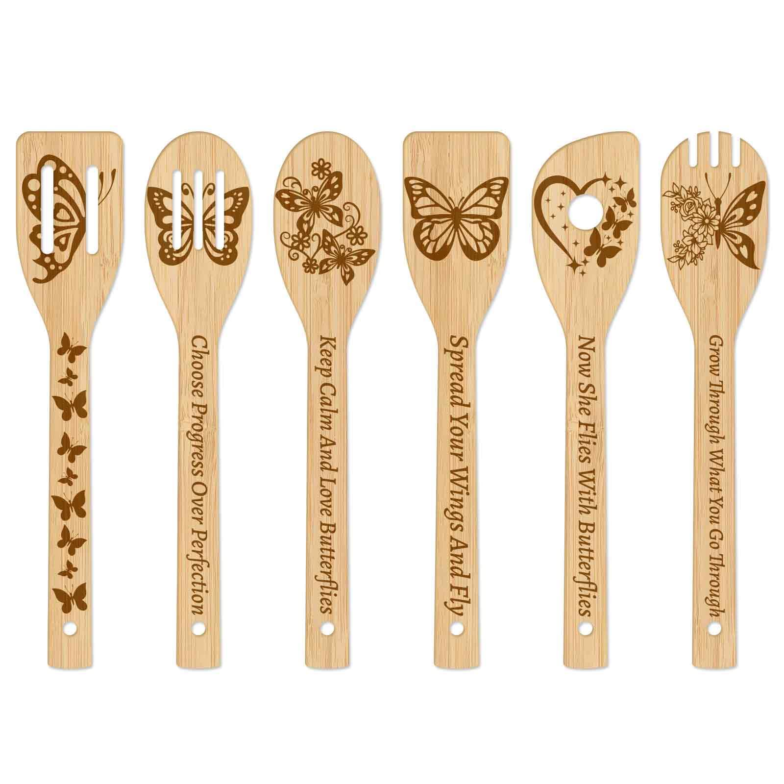 GLOBLELAND 6 Pz Ape Utensili da Cucina in bambù Cucchiai da Cucina in Legno Incisi Set Intaglio Cucina Set Spatole in bambù Cucchiaio da Cucina in Legno per Cucina Divertimento Regalo