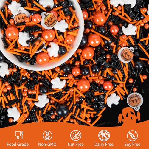 Image of Edible Pumpkin Sprinkles,130g,Cake Decorations,Orange Pearls Mix White Ghost,Black Bat Monster,Pearls and Jimmies Mixed,Spooky Sprinkles Perfect for Cake Decorations,Creepy-Cute Toppings,Baking,Ice Cream, Cookies, Cupcake Topper,Kids Birthday Party Supplies