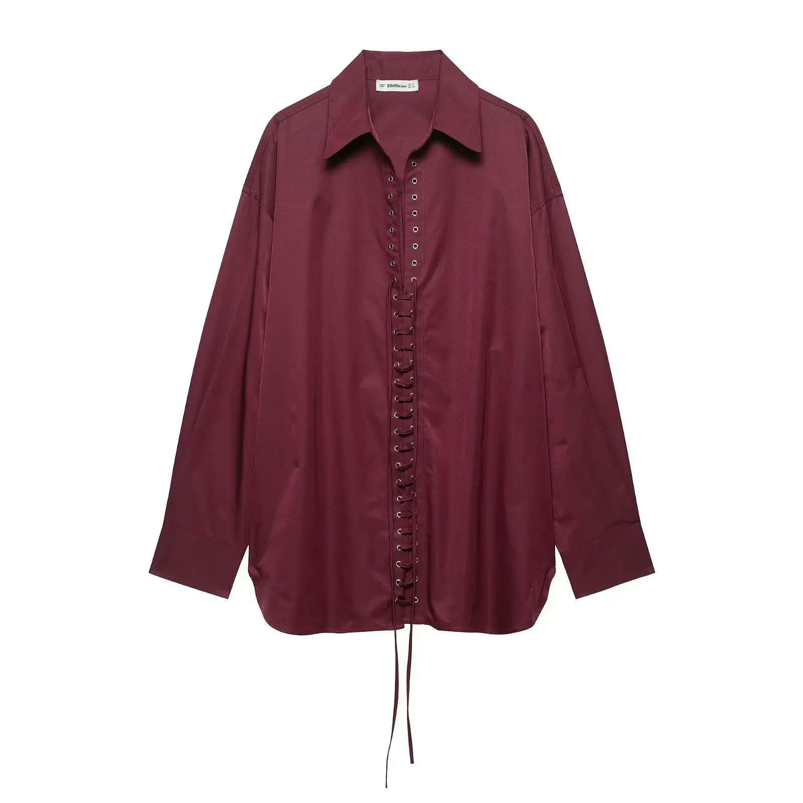 Camicia Donna con Colletto Versatile Ampio A 6 Colori Camicetta da Casual Chic Ampia Maniche Lunghe Rovesciato Lacci-Marrone-l