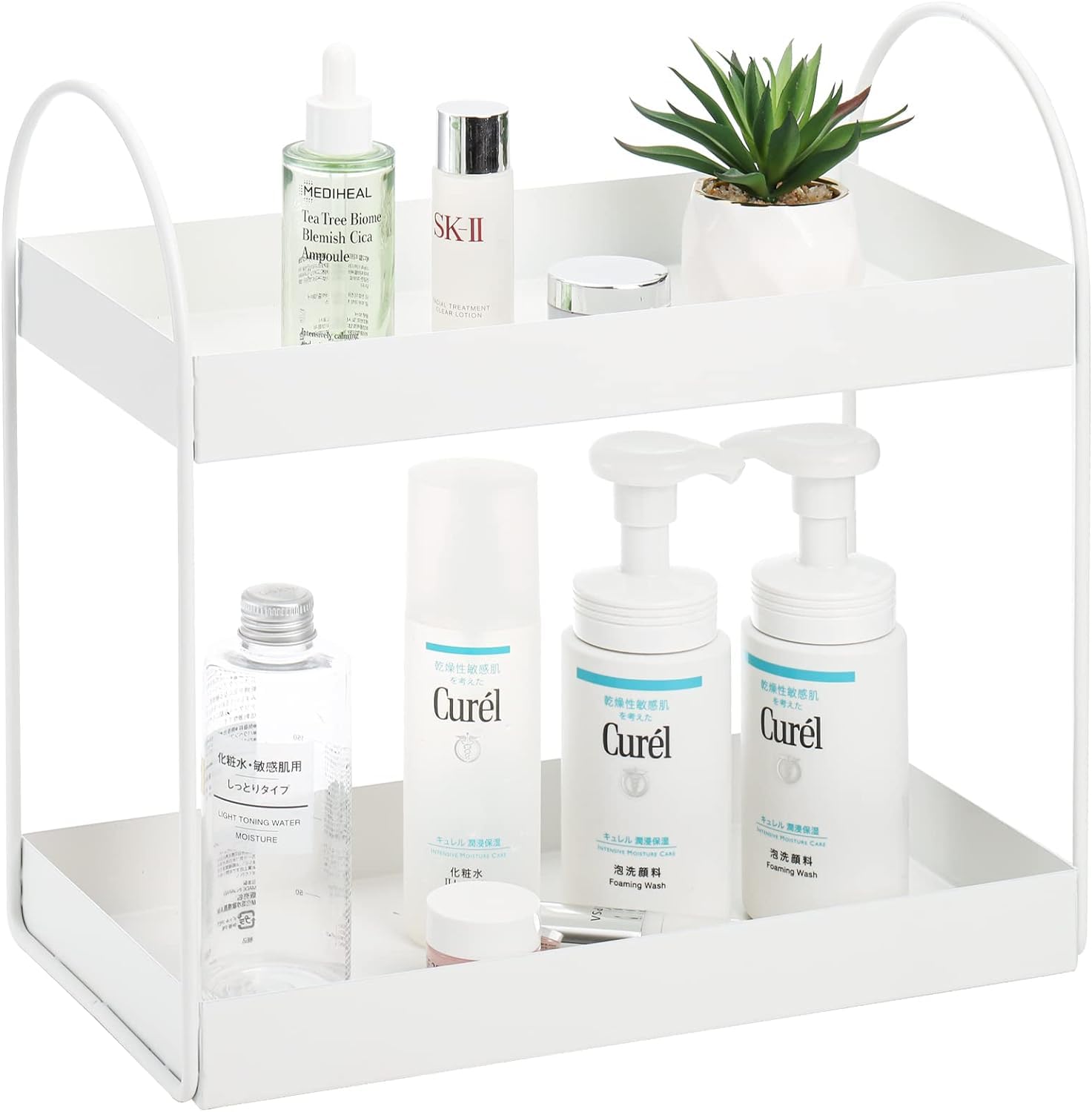 Go Hooked 2-Tier Standing Rack Bathroom Countertop Organizer Vanity Tray Cosmetic Makeup Storage Kitchen Spice Rack Standing Shelf (White, Metal, Pack of 1)