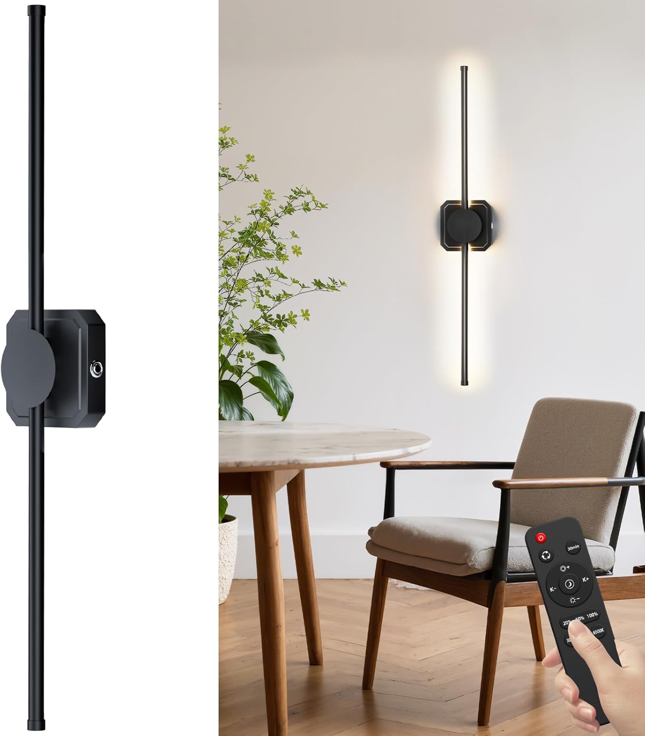 HEERTTOGO Battery Operated Wall Sconce, Rechargeable Wall Light with Touch Control, 3 Color Temperatures & 3 Brightness Levels, 350° Adjustable Rotating Head, for Bedroom, Hallway, Staircase (1 Pack)