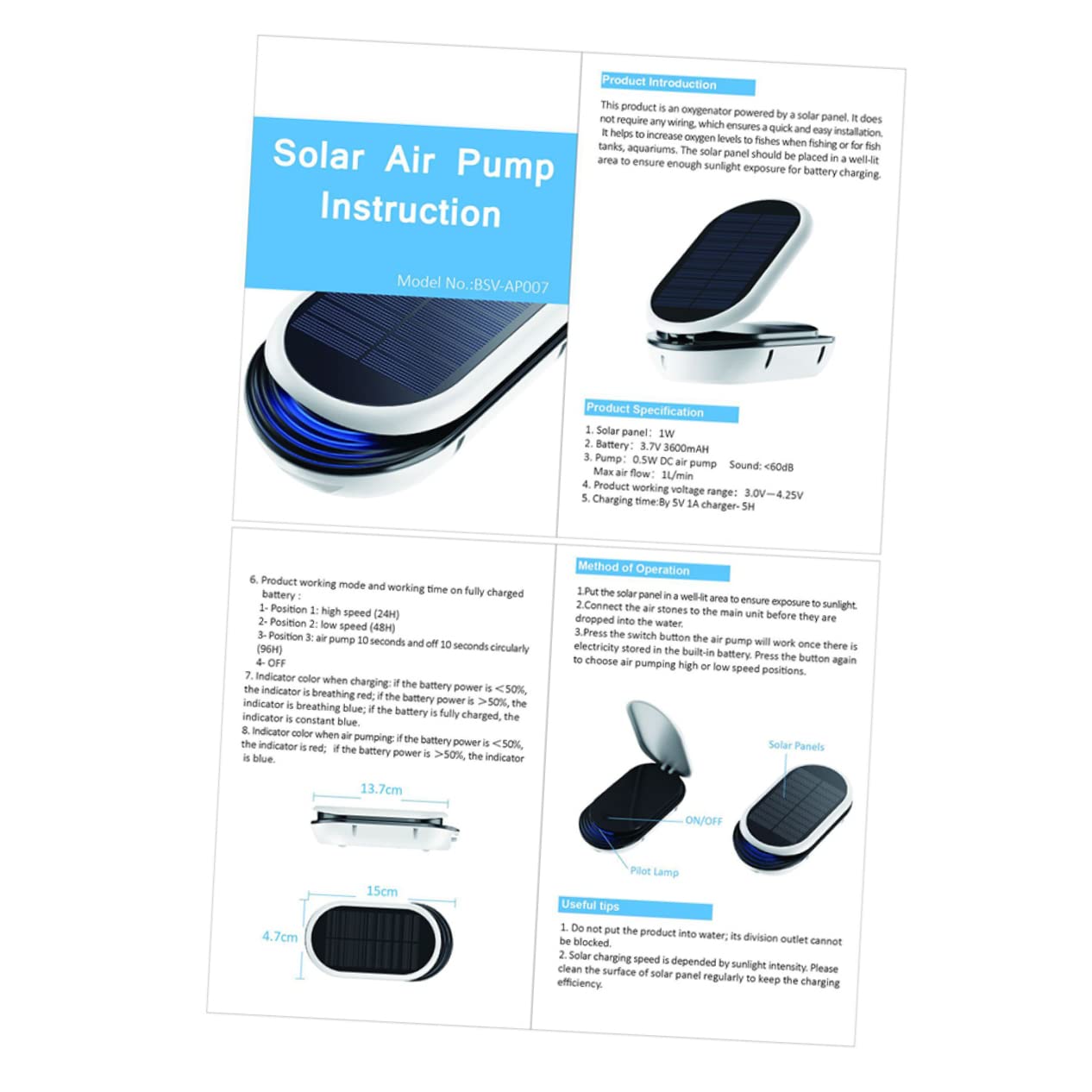 Balacoo Solar Powered Aquarium Air Pump Modes for Fish Tank Oxygenation Portable Outdoor Oxygen Pump for Fishing Durable Design for Tanks