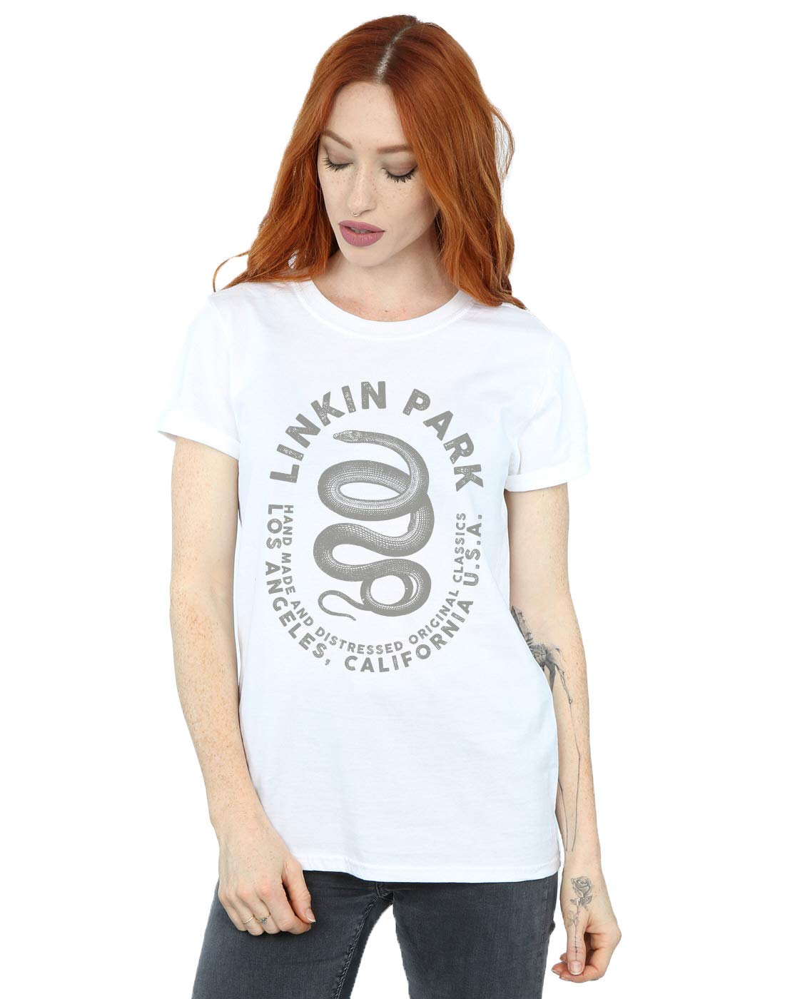 Absolute Cult Women's White Linkin Park Snake Text Boyfriend Fit T-Shirt Medium