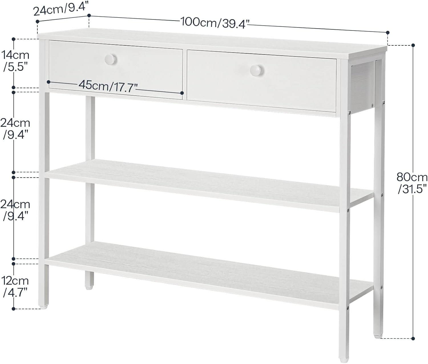 Diagram showing dimensions of the HOOBRO EWW32XG01 Console Table