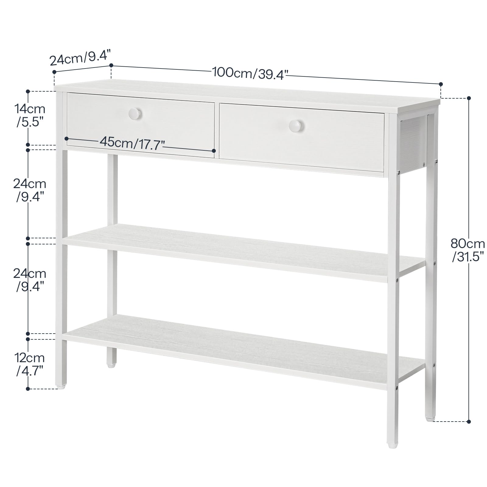 HOOBRO EWW32XG01 - Mesa consola con cajón y 2 estantes de almacenamiento, mesa de sofá con estructura de metal resistente, 100 x 24 x 80 cm, para entrada, pasillo, salón, color blanco