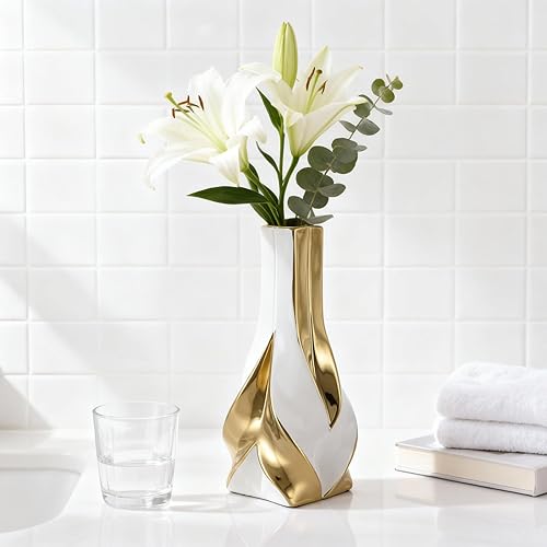 Miniatura 6 de Jarrón de cerámica blanca y dorada de 10.6 pulgadas de alto, decoración moderna y elegante para el hogar, sala de estar, centro de mesa, escritorio,