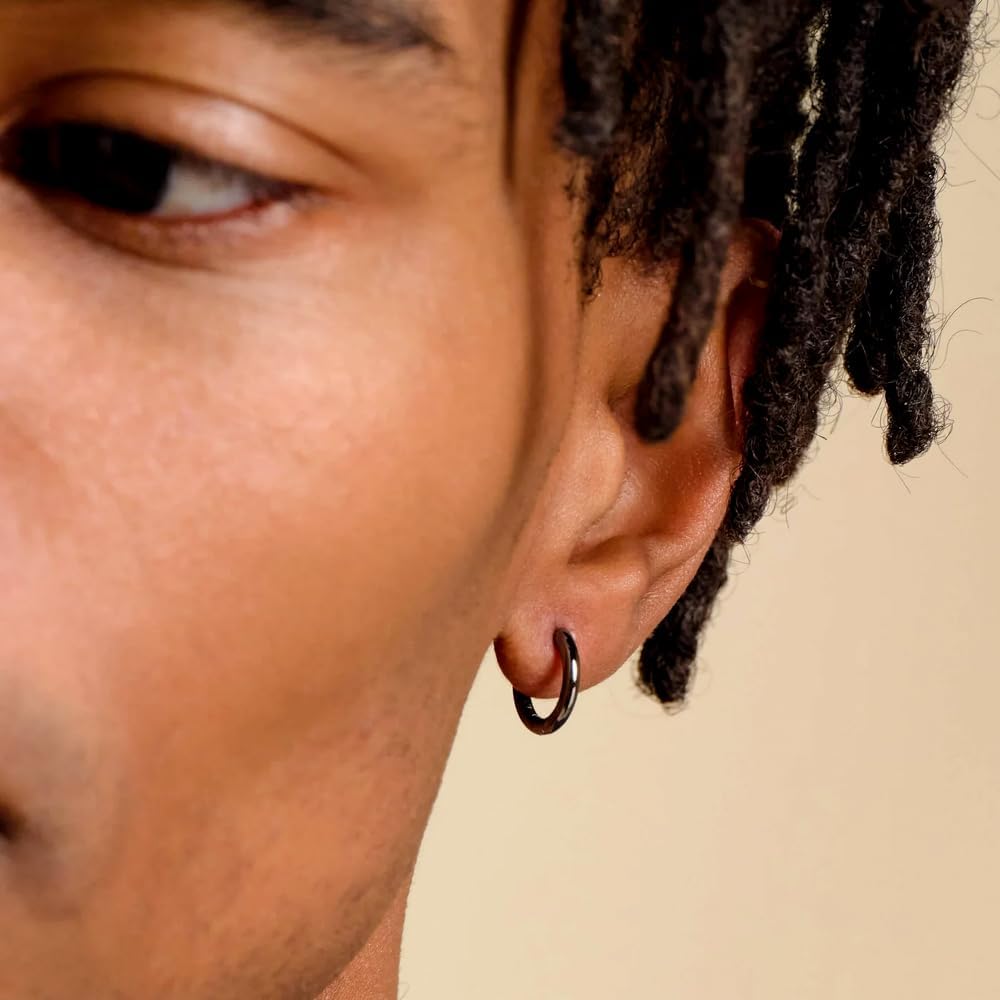 Classic Pure Solid 925 Sterling Silver Black Plated Small 14mm Thin Hoops Earrings Unisex Trendy Cool Men Women Hypoallergenic Huggie Hoop Earrings - Image 2