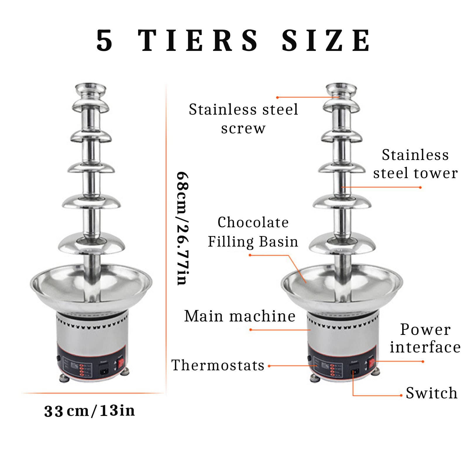 Máquina de fuente de chocolate comercial, 5 niveles con control de temperatura, cascada de fondue de gran capacidad para fiestas, bodas, restaurantes, equipos de buffet