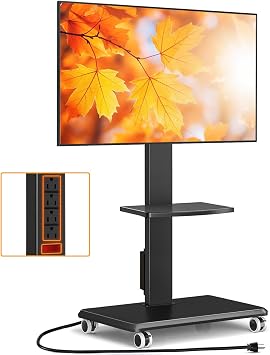 TVON Rolling TV Stand for 32 to 65 70 Inch TVs, Elegant Floor TV Stand with Wheels, Mobile TV Cart with 10 Levels of Height Adjustment Black, Wooden Base with Power Outlet+1 Shelf