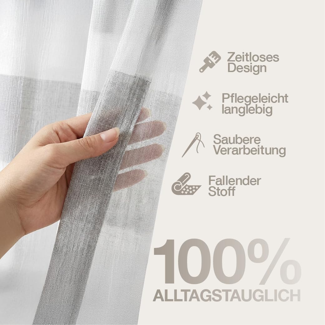Happy Home 2er-Set Scheibengardine mit Ösen 140x50 cm – Halbtransparenter Vorhang Leinenoptik Grau Weiß – Moderne Bistrogardine für Küche & Bad – Küchengardine Kurz & Waschbar