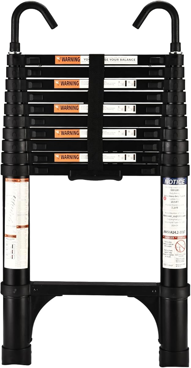 HBTower 3,2m Teleskopleiter Aluminium mit Haken, Leichte Ausziehleiter, Leiter Ausziehbar, klappbare Leiter für Dachböden, Caravans, 150kg Tragfähigkeit, Schwarz