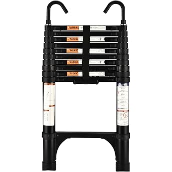 HBTower 3.2 m Telescopic Ladder Aluminum with Hooks Lightweight Extendable Ladder Folding Ladder for Attics Caravans 150 kg Load Capacity Black
