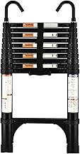 HBTower Retractable Aluminium Telescopic Ladder 3.2 m/10.5 ft with Hooks, Folding Ladder, Suitable for Motorhomes, Attics, Outdoors and Indoors, Maximum Load 150 kg (Black)