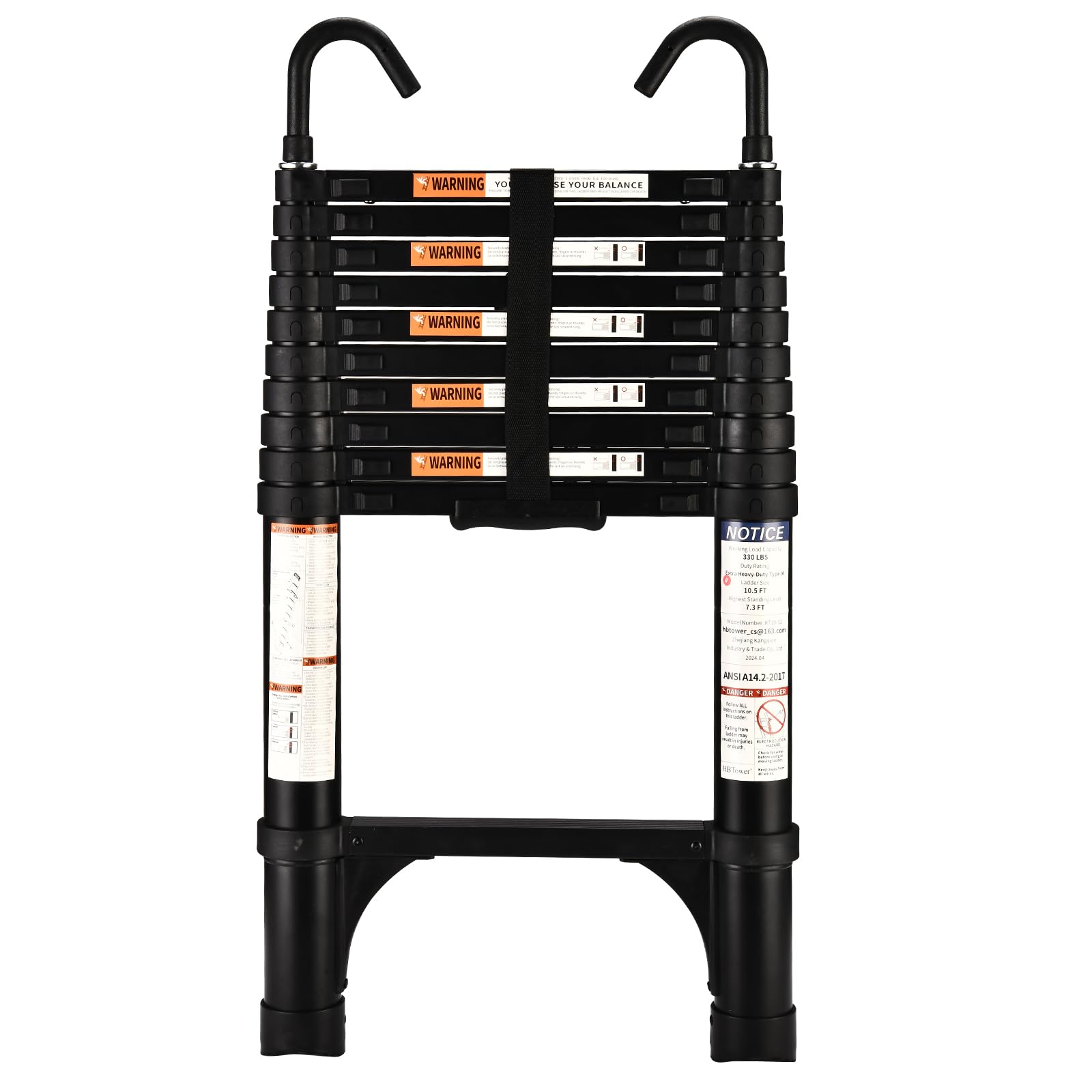 HBTower Escamotable en Aluminium,Echelle telescopique 3.2M/10.5FT avec Crochets,Echelle plianteConvient aux Camping-Cars, greniers, extérieurs et intérieurs, Charge Max 150 kg (Noir)