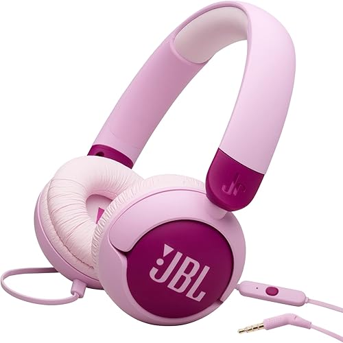 JBL Junior 320 - Auriculares con cable para niños con sonido seguro (<85dB), micrófono incorporado, ajustables con pegatinas incluidas (púrpura)