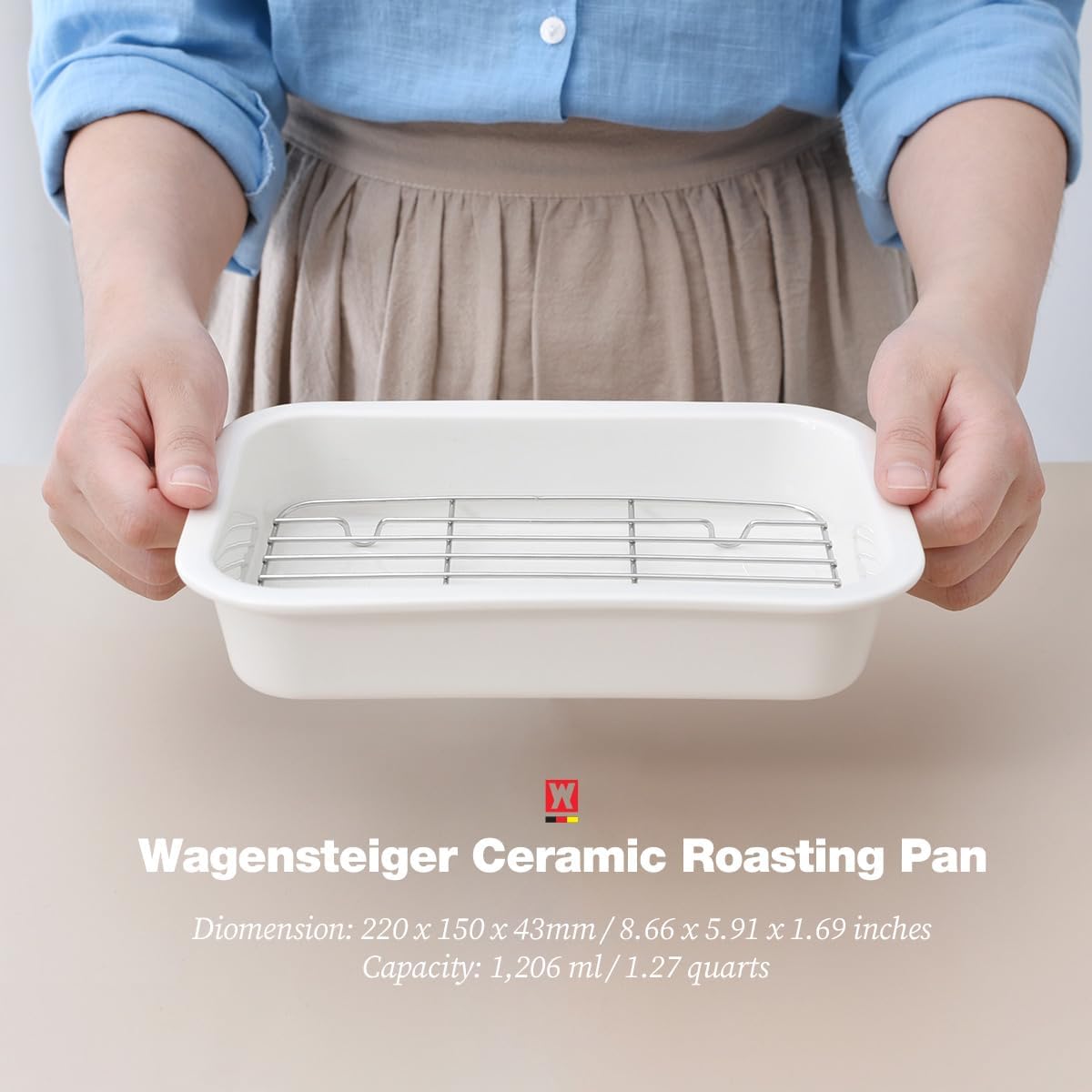 Ceramic Roasting Pan, Baking Dish with Stainless Steel Rack, Non Stick Chicken Roaster Pan, Microwave or Conventional Oven Cooking, Food Prep Tools, White Color (1.27 Quarts)