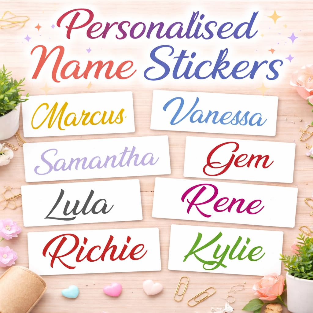 2 x Personalised Vinyl Name Stickers – 3cm Height Custom Labels – Wedding Name Decals for Glasses, Wine Bottles, Favours, Gift Boxes & Party Decorations – Multiple Colour Options