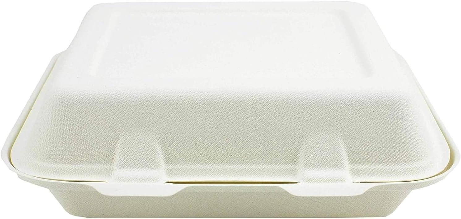 Biodegradable Sugarcane Clamshell Takeaway Box 9 x 6 Inch - Pack of 50 - Eco-friendly Packaging