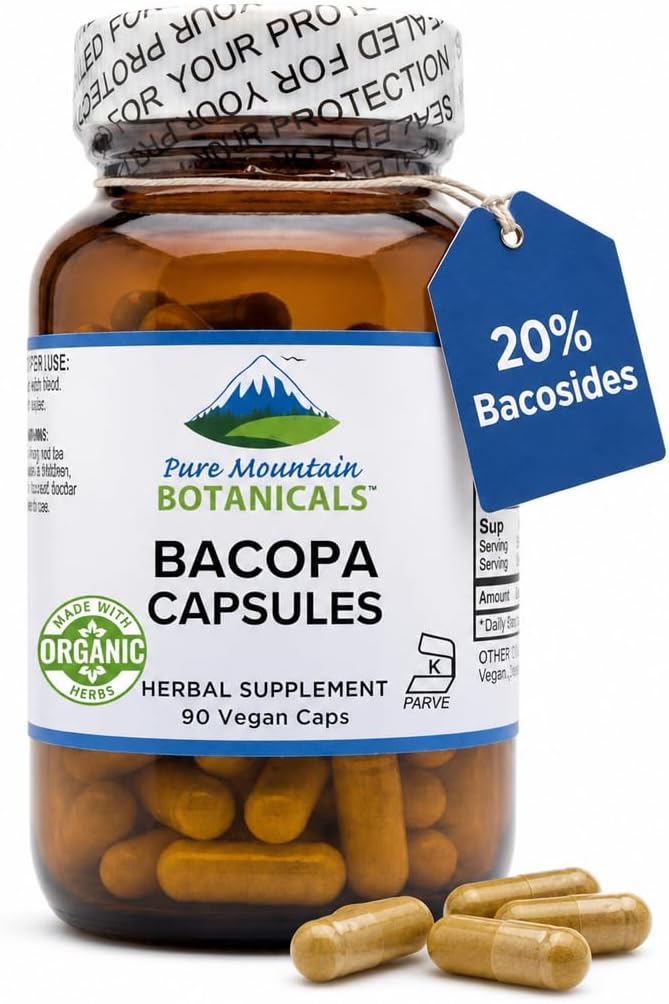 Bacopa Monnieri Capsules - 90 Count - Organic Bacopa and Potent Extract - 20% Bacosides - Vegan Brahmi Supplement