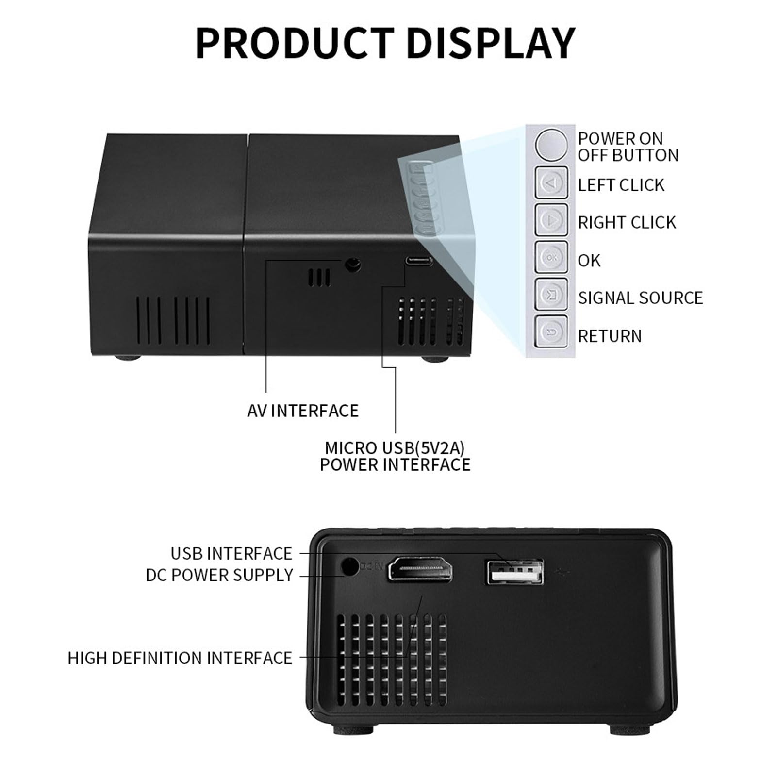 Mini Proiettore, Proiettore Cinematografico Full HD 1080p, Correzione Automatica della Chiave di Volta, Compatibile con Levetta TV/telefono/laptop, per Film All'aperto