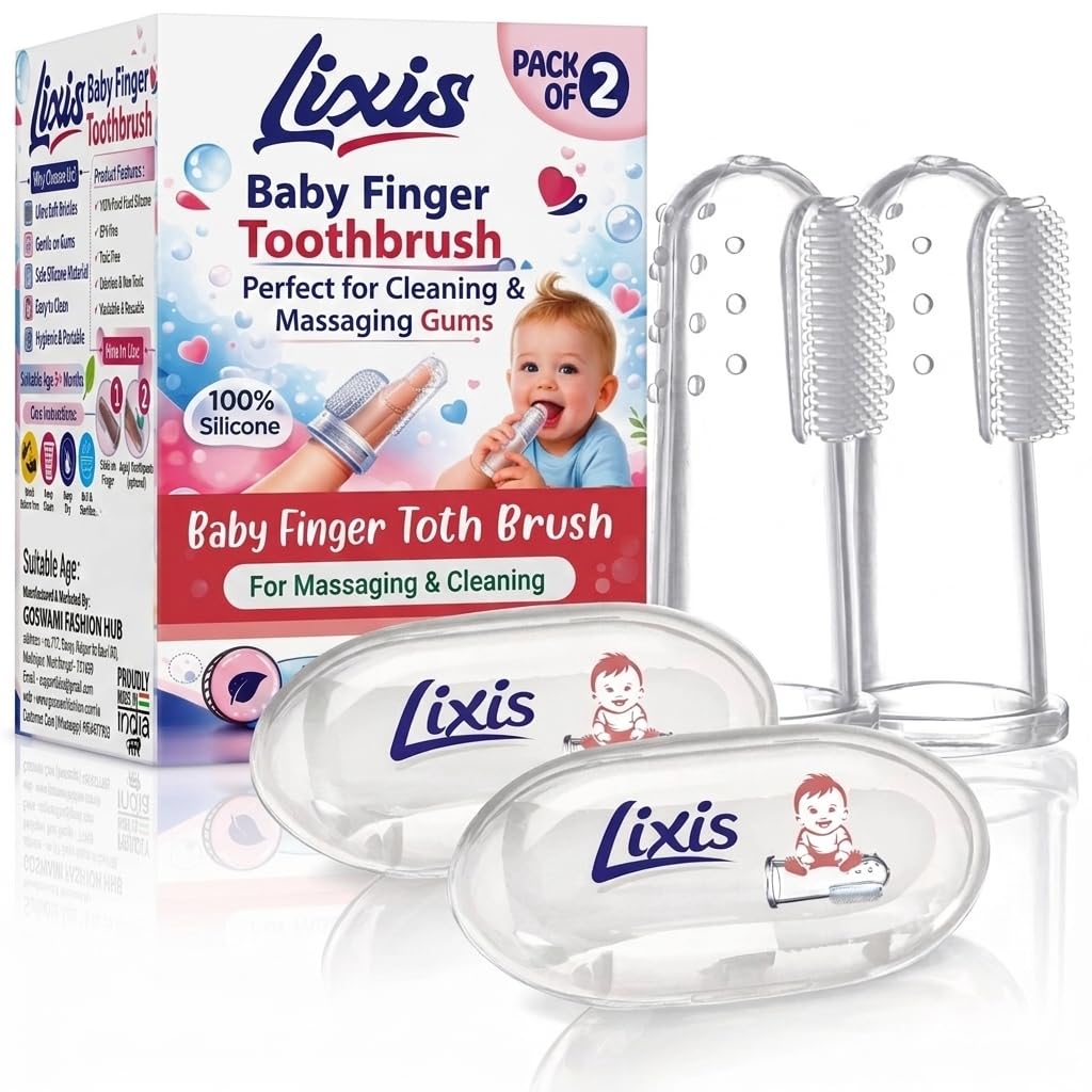 GOSWAMI FASHION HUB Baby Finger Toothbrush – 100% Silicone Infant Finger Brush for Cleaning & Massaging Gums – BPA Free – Pack of 2 with Storage Case-image-1