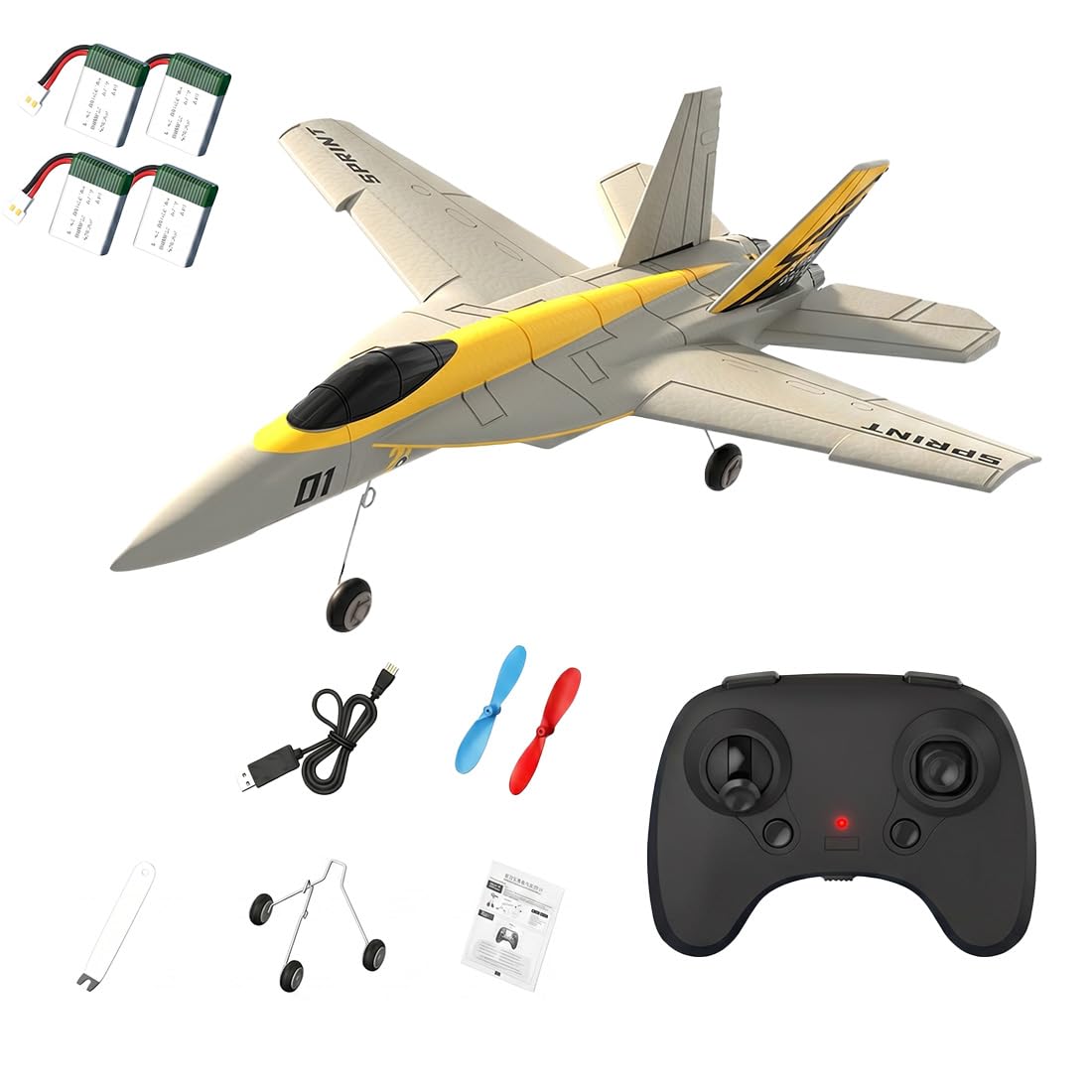NULA Aereo radiocomandato per parco giardino, 2 canali, aereo hobby radiocomandato con girostabilizzazione a 6 assi, motori Dual Coreless, luce LED per adulti (giallo/4 batterie)