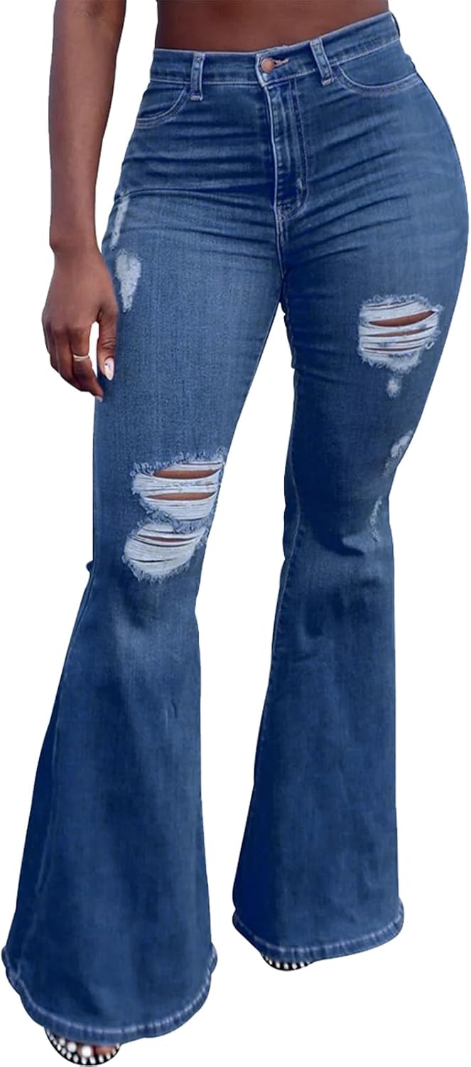 CutieLove Women's Ripped Jeans Bell Bottom Flare Jeans Mid Rise Destroyed Hem Denim Pants