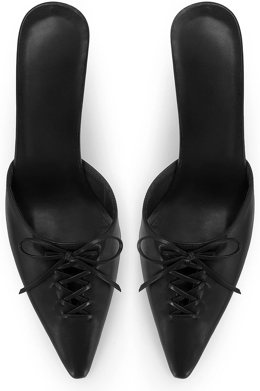 Dsevht Black Kitten Heels for Women Pointed Closed Toe Dressy Bow Heel Vintage Heeled Mules Sexy Pointy Studded Slip on Stiletto Pump Shoes - Image 3