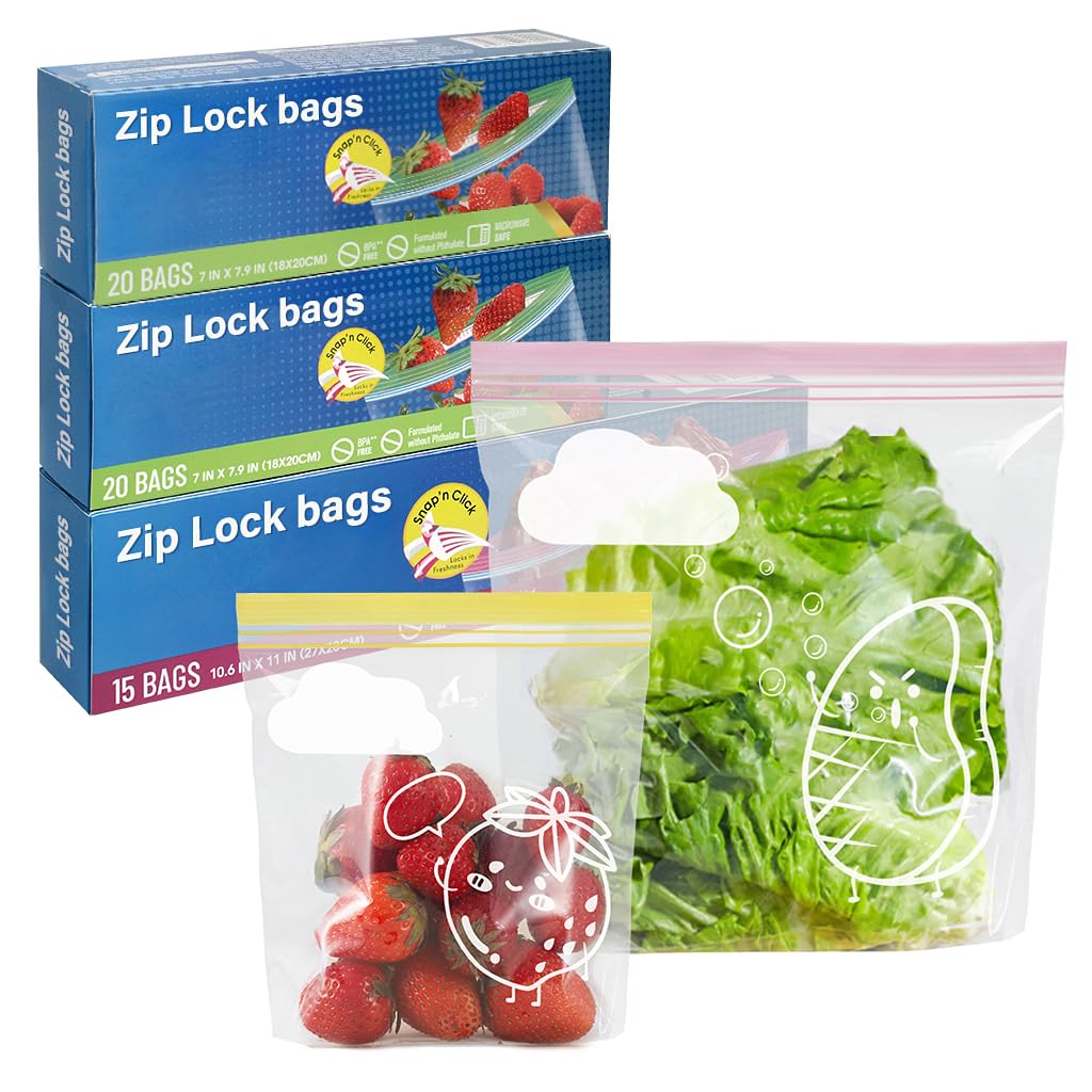 Zcda Pink, Yellow, Blue 55-Pack Reusable Ziplock Freezer Bags,2 Sizes (40×2.5+15×5 Litre) Bpa-Free Food Bag With Expandable Bottom, Sandwich Bags For Meat, Fruit, Veggies
