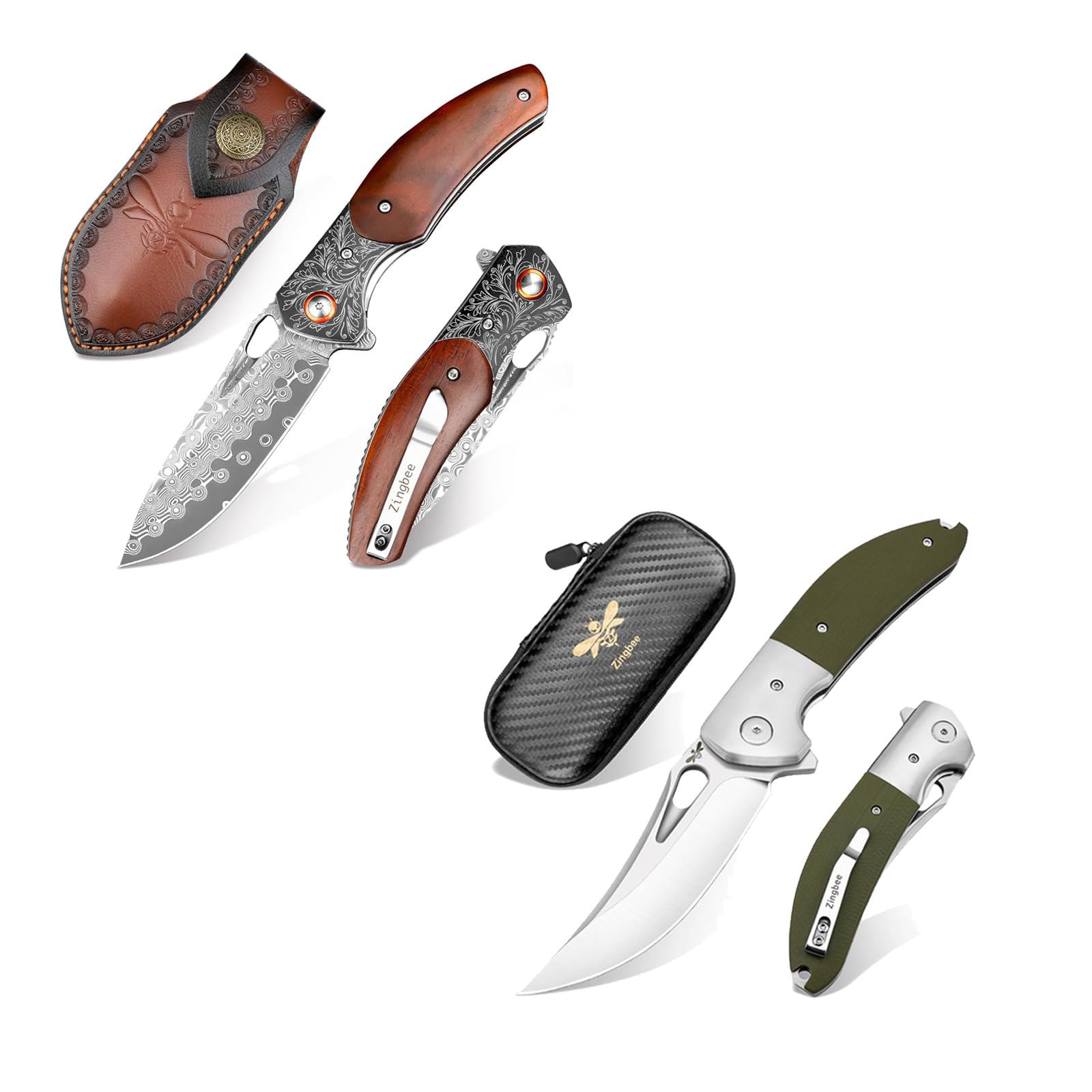 Zingbee 3.35" Damascus Pocket Knife with Sheath & 3.7" 14C28N Blade Folding Knife