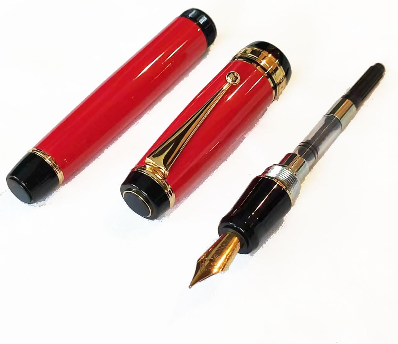 Metal Fountain Pen with 0.7mm Medium Nib, Ink Converter, 1 Ink Cartridges & Gift Box (Red)