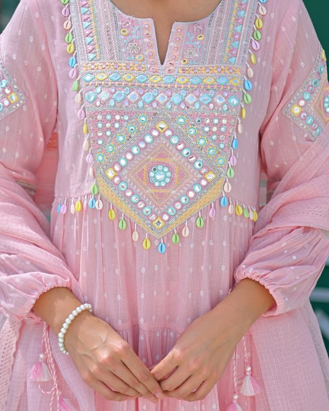 Image of Women Ethnic Motifs Embroidered Empire Kurta Set with Trors & Dupatta Thread Work Fit Ethnic for Women | Pink