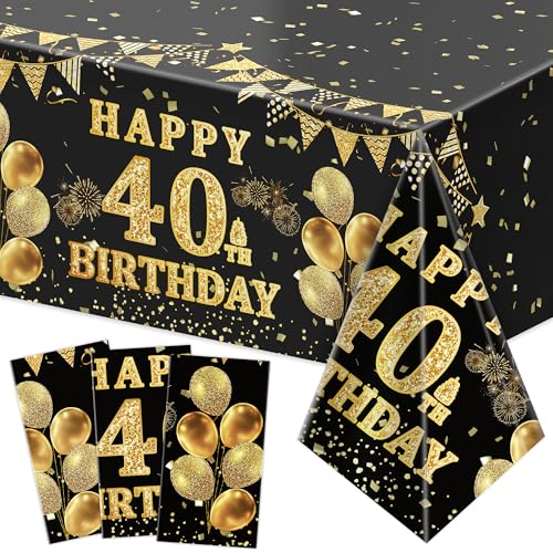 Image of Labeol 3 Pack 40th Birthday Tablecloth, Black and Gold Happy 40th Birthday Decorations, Disposable Plastic Rectangular Table Cover Party Supplies for Men Women