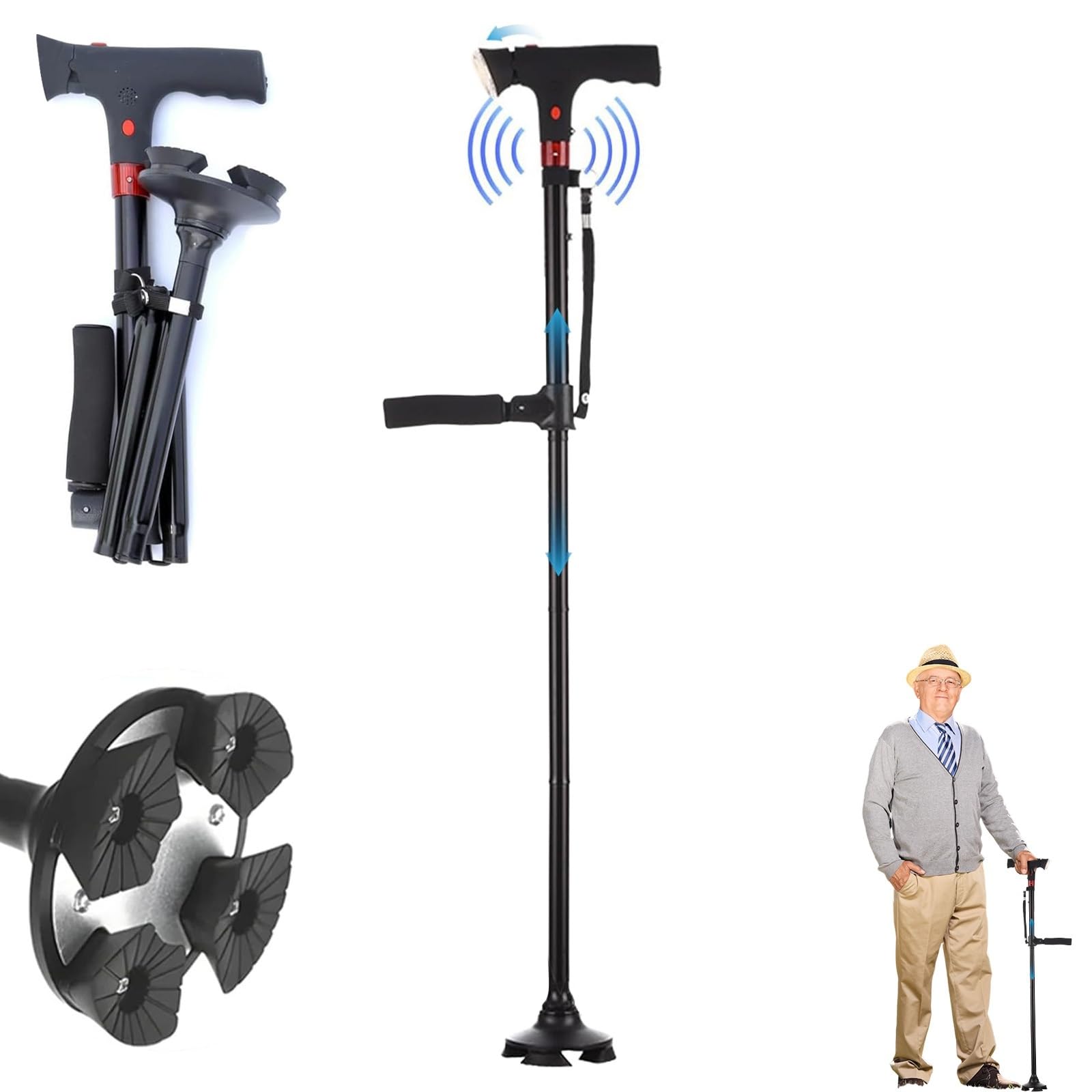 Canne de Marche Astuvita Canne de Marche Ergonomique avec LED et Alarme, Double Poignée & Base Autoportante, Aide à la Mobilité Senior, Pliable Réglable Légère