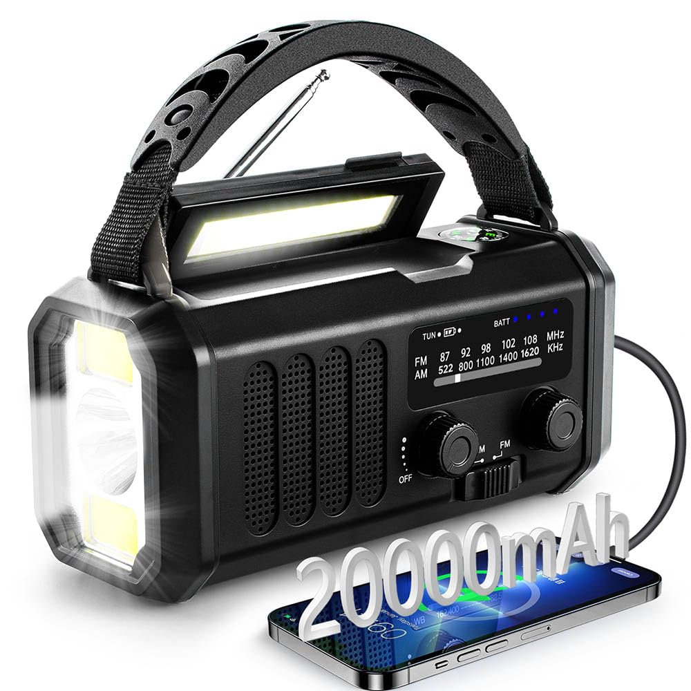 Tragbares Notfallradio 20000 mAh, SOS-Alarm, FM/AM-Radio mit Leselampe, Kompass, Kurbelgenerator und Solarladegerät, für den Außenbereich, Notfall-Ladegerät für Smartphones (schwarz)