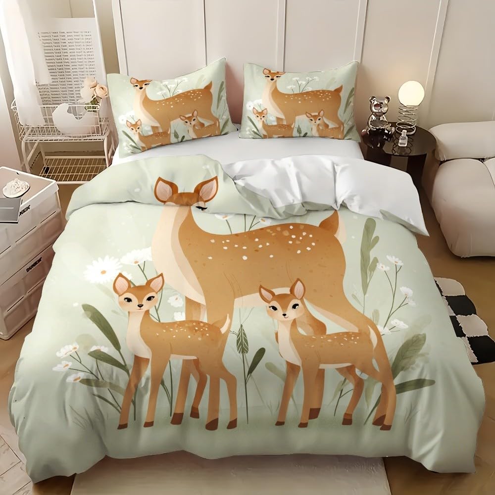 Parure de lit 3 pièces vert clair housse de couette 90x190 cm animaux cerfs pour lit 1 personne