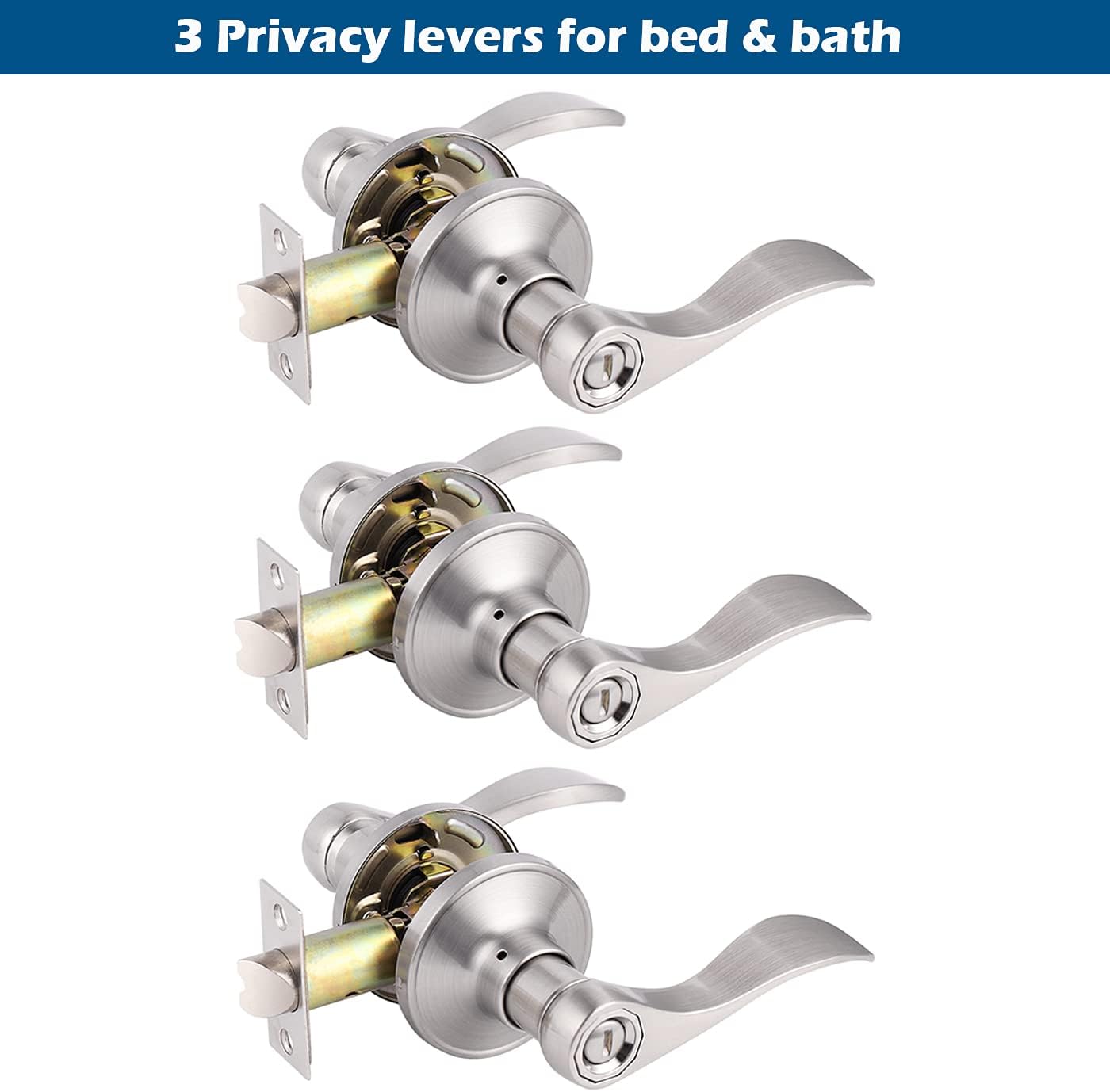 Gobrico 3 Pack Passage Levers and 3 Pack Privacy Levers Bundle, Interior Door Locks for Bed Bath, Hall Closet Door Handles, Satin Nickel Finished, Universal Door Locksets