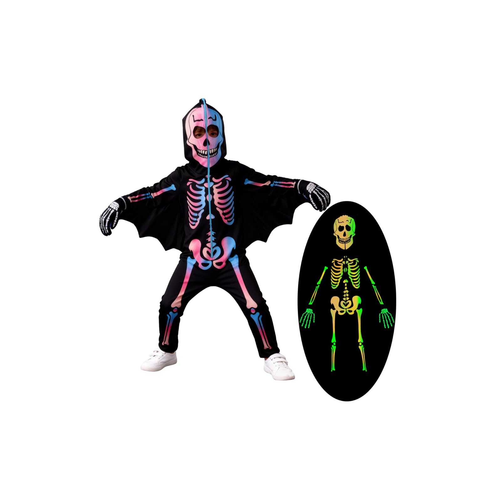 Miyanuby Kids Halloween Skeleton Fancy Dress Toddler Glow in The Dark Luminous Costume Skull Bone Bat Jumpsuit Boys Girls Scary Cosplay Bodysuit with Gloves for 3-10T