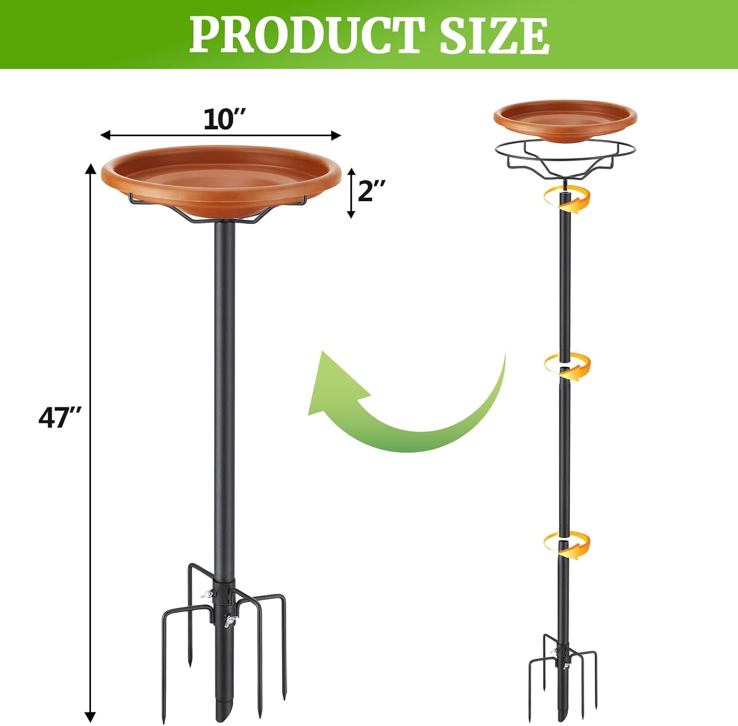 COCONUT Metal Bird Bath for Outside, 47 Inch Detachable Bird Bath for Garden, 5 Prongs Base Spa & Birdfeeder with Brown Bowl