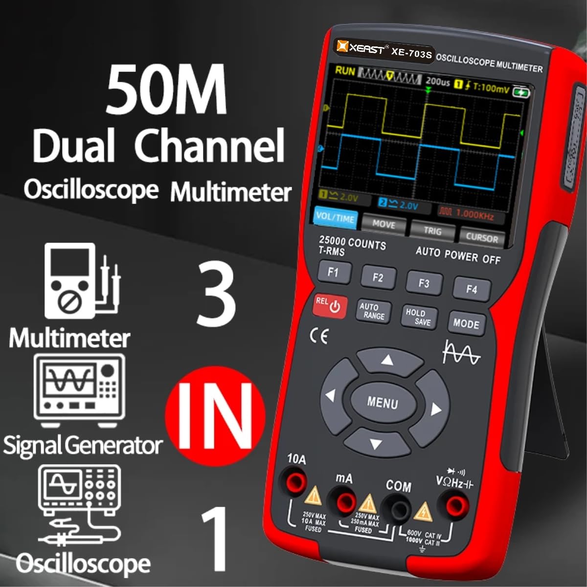 Oscilloscopio 2 Canali 50 MHz, Multimetro Digitale 25000 Conteggi, Generatore di Segnale DDS 3 in 1, Display LCD 3,5" 280 MSa/s – Oscilloscopio Portatile per Test e Misurazioni