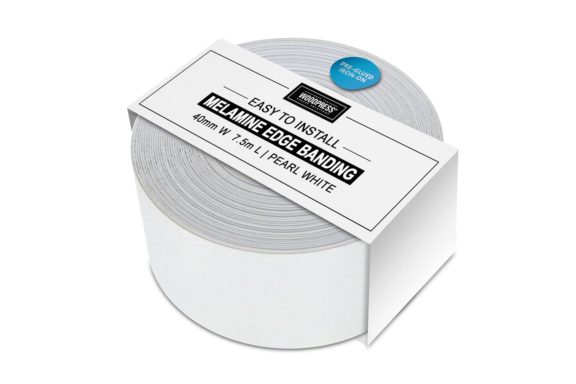 WoodPress® 40mm Pearlised White Melamine Edging, Pre-Glued Veneer Tape – 7.5m Roll - Iron-On for Easy DIY Application – Will Cover the Edge of a Standard MDF Panel