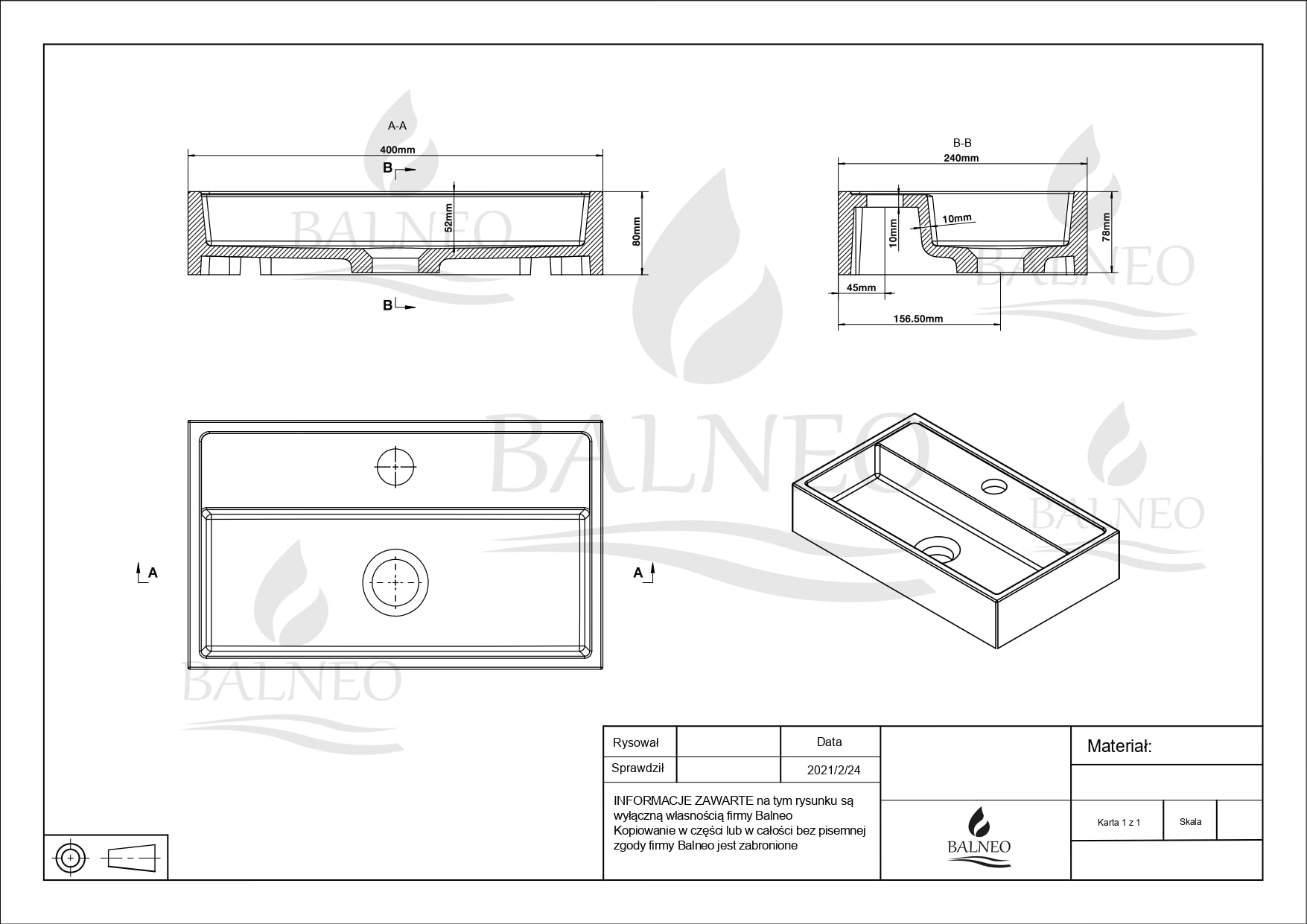 Lavabo empotrado rectangular 40 x 24 cm con orificio para grifo, blanco del conglomerado VIKI