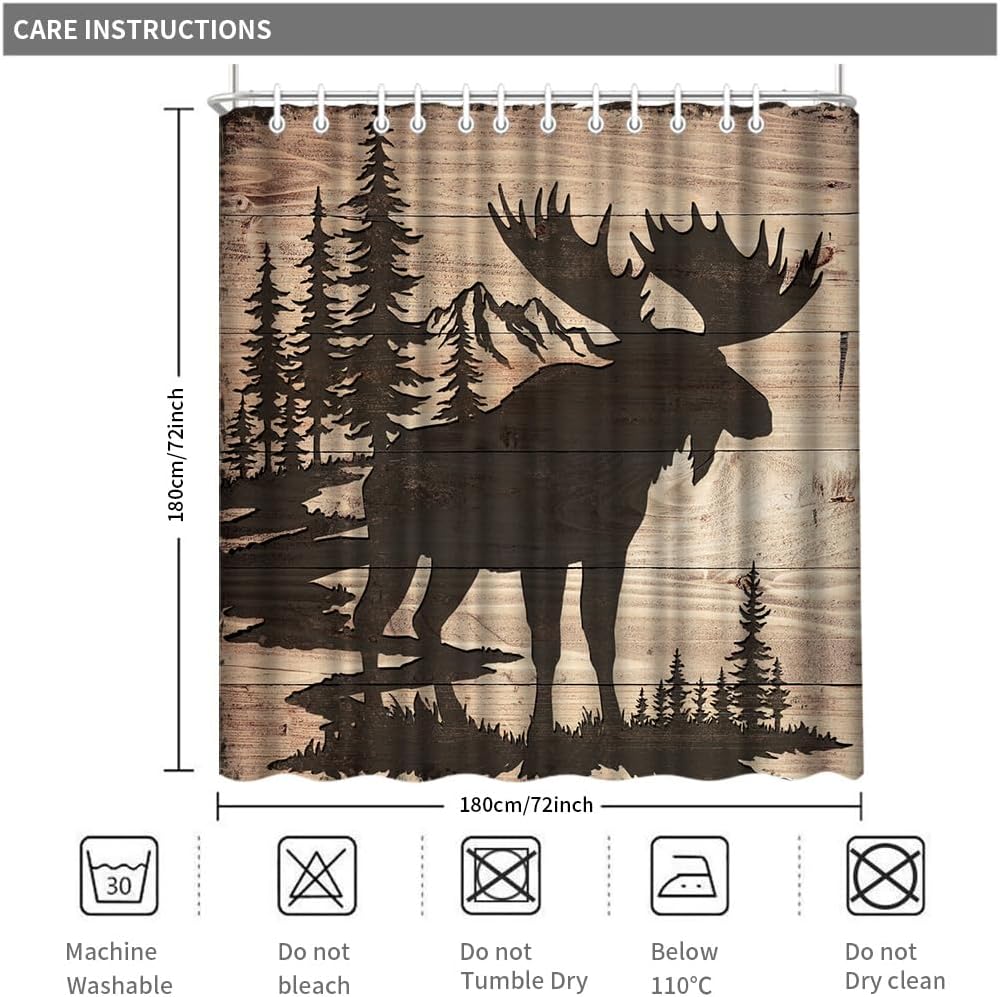 Moose in Forest Silhouette Cabin Shower Curtain Woodland Print Bathroom Decor Curtains 72 x 72 inches