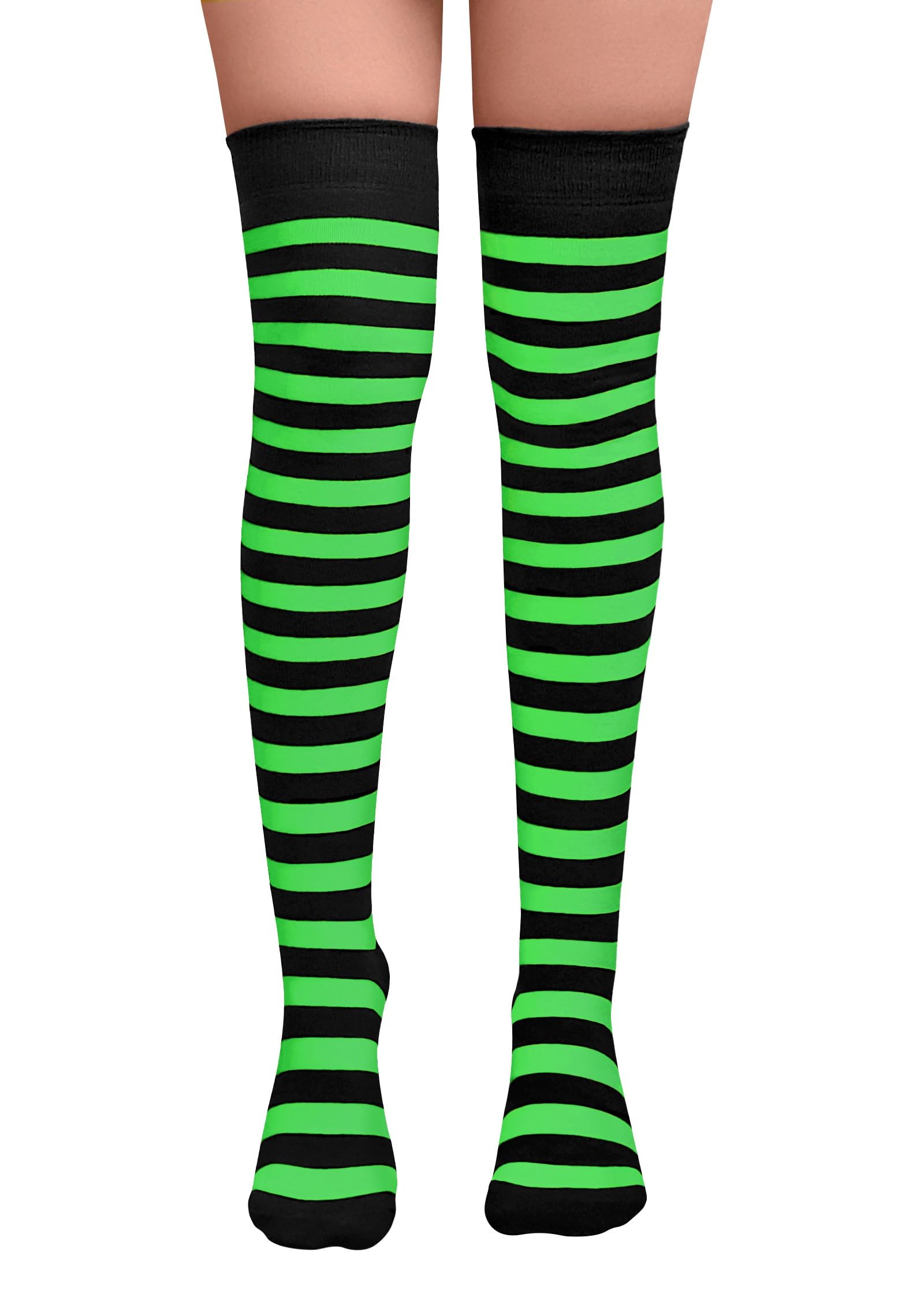 Nujake Girls Green & Black Striped Socks Over The Knee Cotton Rich Halloween Cosplay Dress Up