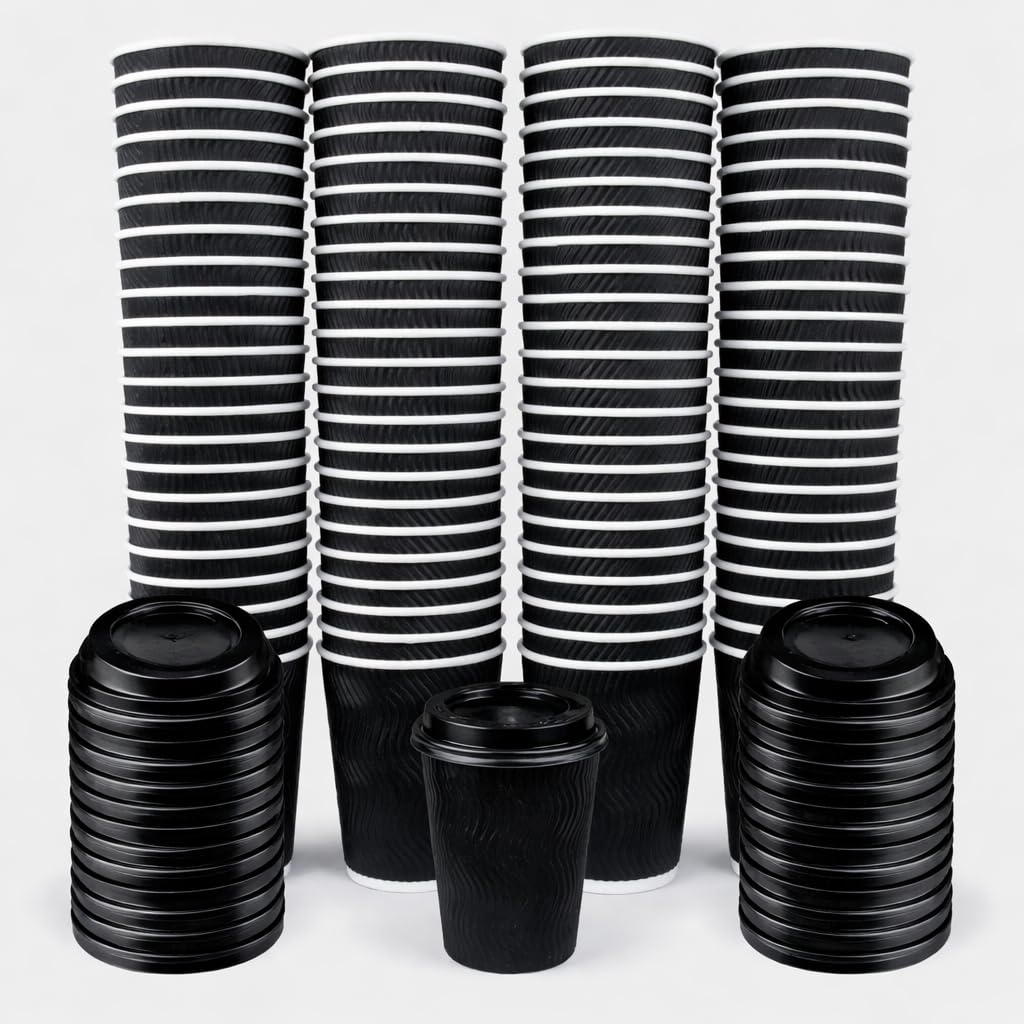 VABE UK 100 X 12oz Ripple Kraft Disposable Coffee Cup with Lids | Takeaway Paper Cups | Triple Wall Insulated Eco - Friendly Cups for Hot/Cold Drinks (Black)