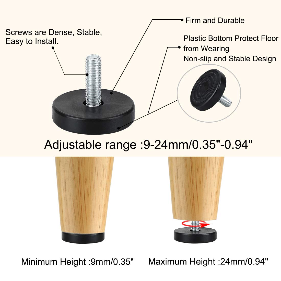 Sourcingmap M8 x 25 x 40mm Leveling Feet Adjustable Leveler Floor Protector for House Furniture Chair Table Cabinet Leg 8 Pack - Image 4