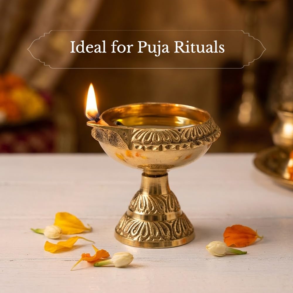 Shubhkart Kuber Diya with Stand (Size: 0) Akhand Brass Table Diya for Puja|Heavy Base Aarti Diya|Brass Deepak for Pooja Diwali Gift Item, Temple Decor, Home Mandir (5cm Height) - 54 Gm 1