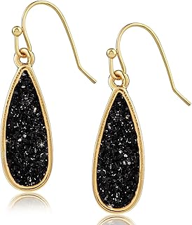 Teardrop Dangle Earrings for Women with Simulated Druzy Stones, in Gold, Rose Gold, or